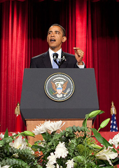 U.S. President Barack Obama gives his speech at Cairo University.